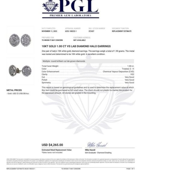 10kt White Gold 1.00 ct Genuine Lab Grown Diamond Halo Earrings Studs - Picture 9 of 9